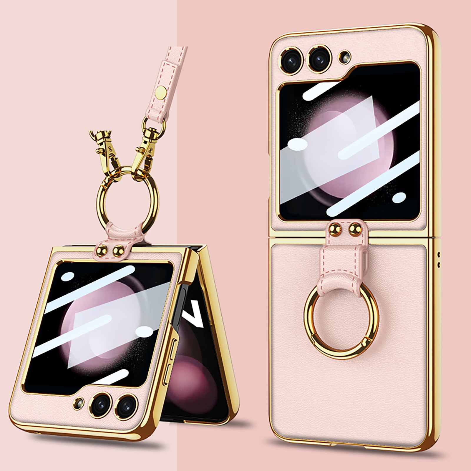 Phone Case For Samsung Galaxy Z Flip 5 , Shockproof Protective Anti-Scratch Phone Case,Ultra-Thin Back Cover Screen Protector with Ring Holder & Adjustable Strap,PU Leather + Hard PC Shell,Pink