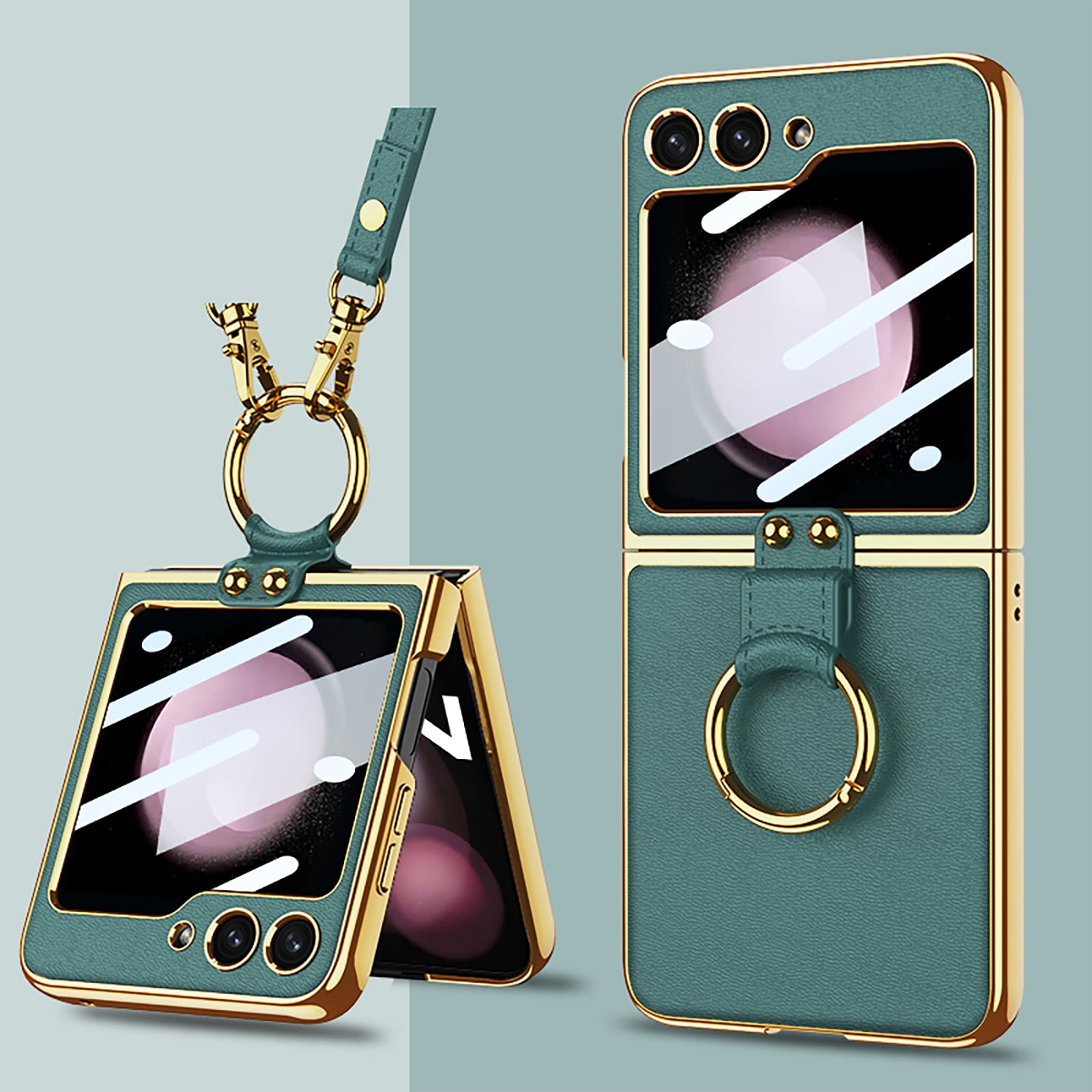 Phone Case For Samsung Galaxy Z Flip 5 , Shockproof Protective Anti-Scratch Phone Case,Ultra-Thin Back Cover Screen Protector with Ring Holder & Adjustable Strap,PU Leather + Hard PC Shell,Green