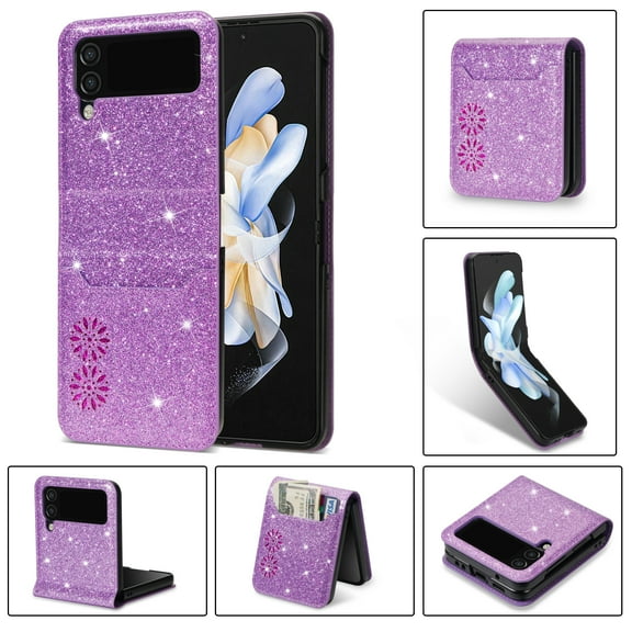 Phone Case for Samsung Galaxy Z Flip 5 Wallet Cover, Magnetic Closure Folio [Credit Card Holder] Bling Glitter PU Leather Shockproof Lightweight Cell Accessories Women,Purple