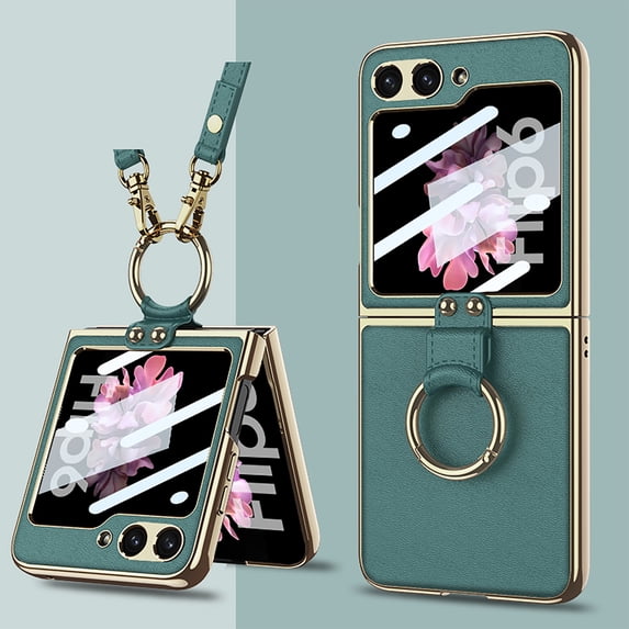Phone Case For Samsung Galaxy Z Flip 6 , Shockproof Protective Anti-Scratch Phone Case,Ultra-Thin Back Cover Screen Protector with Ring Holder & Adjustable Strap,PU Leather + Hard PC Shell,Green