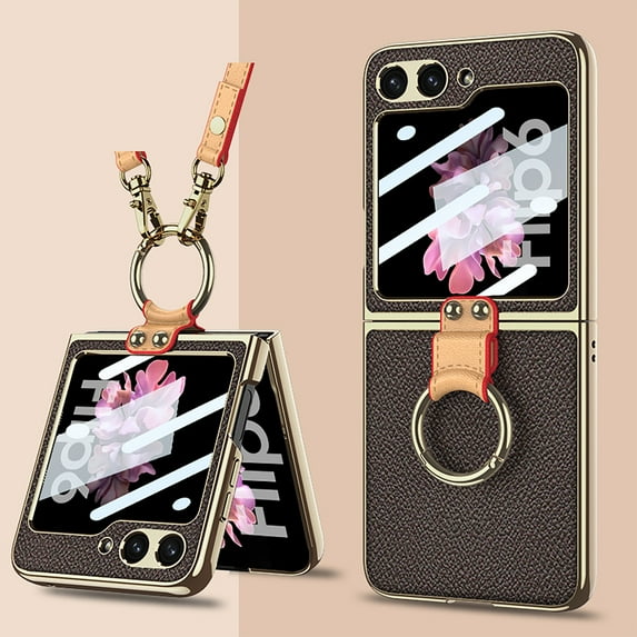 Phone Case For Samsung Galaxy Z Flip 6 , Shockproof Protective Anti-Scratch Phone Case,Ultra-Thin Back Cover Screen Protector with Ring Holder & Adjustable Strap,PU Leather + Hard PC Shell,Coffee
