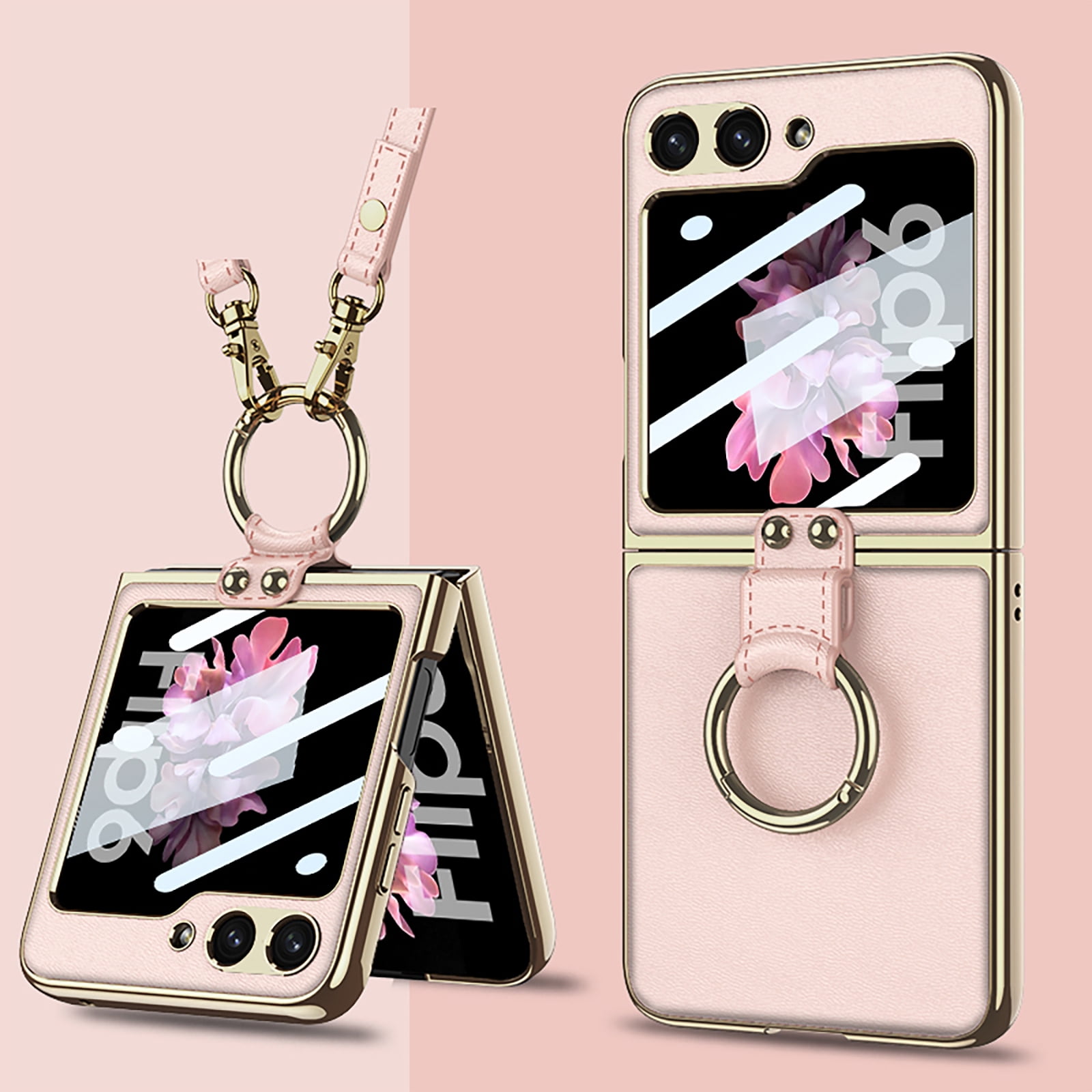 Phone Case For Samsung Galaxy Z Flip 6 , Shockproof Protective Anti-Scratch Phone Case,Ultra-Thin Back Cover Screen Protector with Ring Holder & Adjustable Strap,PU Leather + Hard PC Shell,Pink