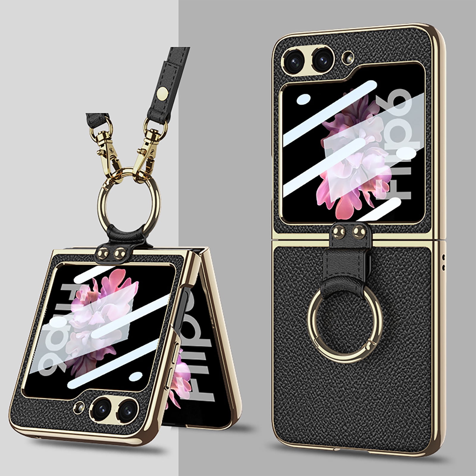 Phone Case For Samsung Galaxy Z Flip 6 , Shockproof Protective Anti-Scratch Phone Case,Ultra-Thin Back Cover Screen Protector with Ring Holder & Adjustable Strap,PU Leather + Hard PC Shell,Black