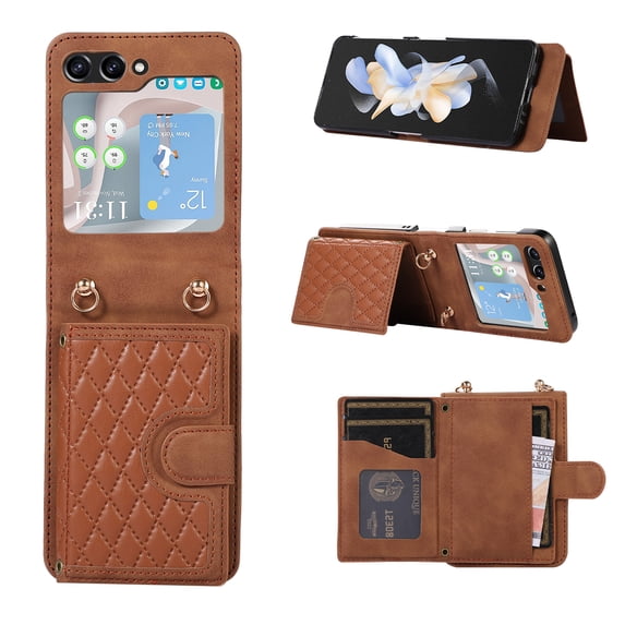Phone Case for Samsung Galaxy Z Flip 6, Stylish Wallet Cover with Credit Card Holder Crossbody Strap Magnetic Closure PU Leather Drop Protective Phone Case for Samsung Galaxy Z Flip 6 - Brown
