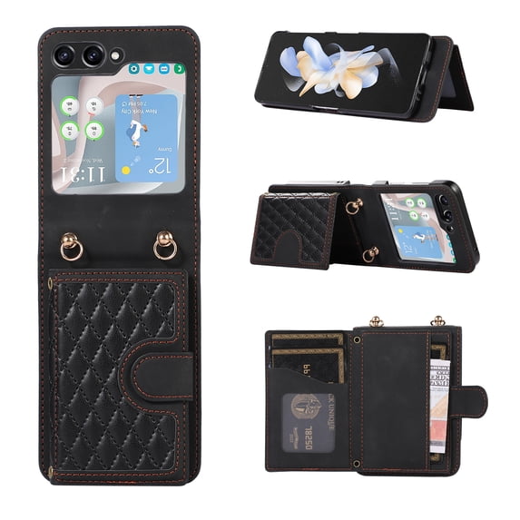 Phone Case for Samsung Galaxy Z Flip 6, Stylish Wallet Cover with Credit Card Holder Crossbody Strap Magnetic Closure PU Leather Drop Protective Phone Case for Samsung Galaxy Z Flip 6 - Black