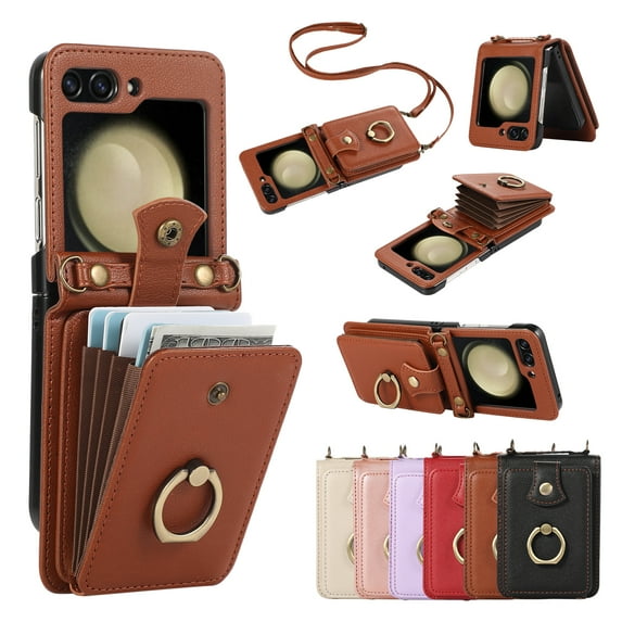 Phone Case for Samsung Galaxy Z Flip 7 FE / Z Flip 6 Wallet Cell Cover with Crossbody Strap, Ring Stand RFID Blocking Credit Card Holder Shockproof Drop Protective Case for Women Girls, Brown