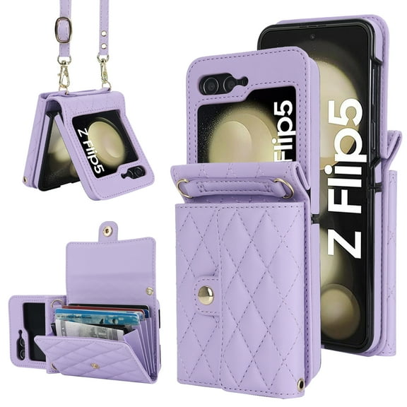 Phone Case for Samsung Galaxy Z Flip 7, Wallet Cover with RFID Blocking Card Slots, Crossbody Wrist Strap Stand PU Leather Kickstand Cover Magnetic Clasp for Samsung Galaxy Z Flip 7, Purple