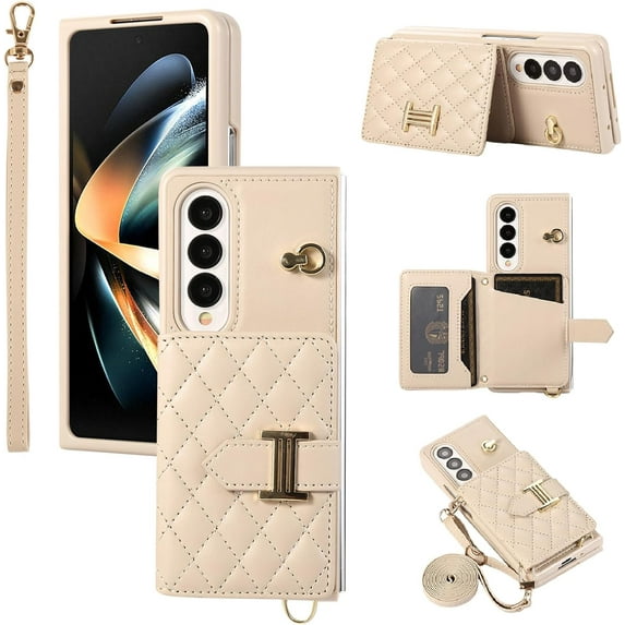 Phone Case for Samsung Galaxy Z Fold 3 5G 2021 Wallet Cell Cover with Slim Ring Stand Credit Card Holder Slot ZFold3 Z3 Fold3 3Z ZFold35G Girl Women Men Beige