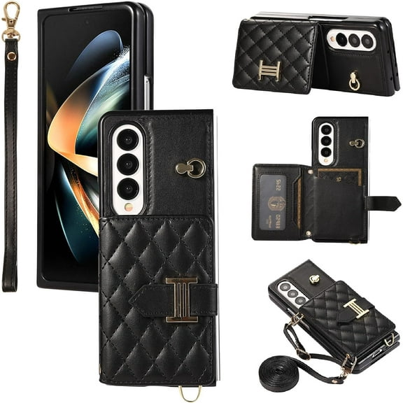Phone Case for Samsung Galaxy Z Fold 3 5G 2021 Wallet Cell Cover with Slim Ring Stand Credit Card Holder Slot ZFold3 Z3 Fold3 3Z ZFold35G Girl Women Men Black