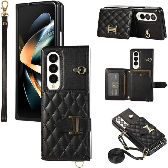 Phone Case for Samsung Galaxy Z Fold 3 5G 2021 Wallet Cell Cover with Slim Ring Stand Credit Card Holder Slot ZFold3 Z3 Fold3 3Z ZFold35G Girl Women Men Black