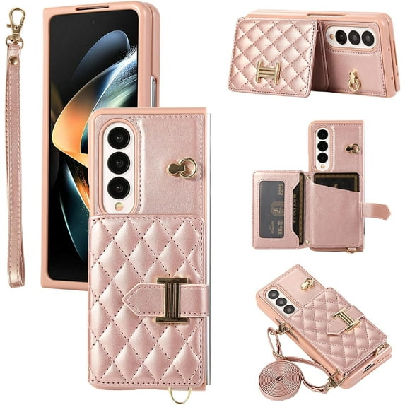 Phone Case for Samsung Galaxy Z Fold 3 5G 2021 Wallet Cell Cover with Slim Ring Stand Credit Card Holder Slot ZFold3 Z3 Fold3 3Z ZFold35G Girl Women Men Rose Gold