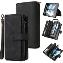 Phone Case for Samsung Galaxy Z Fold 4 5G (2022), Galaxy Z Fold 4 Wallet Case, Luxury Folio Flip Leather Cover[Zipper Pocket] [Wrist Strap][Kickstand] for Samsung Galaxy Z Fold 4 5G 7.6 inch, Black