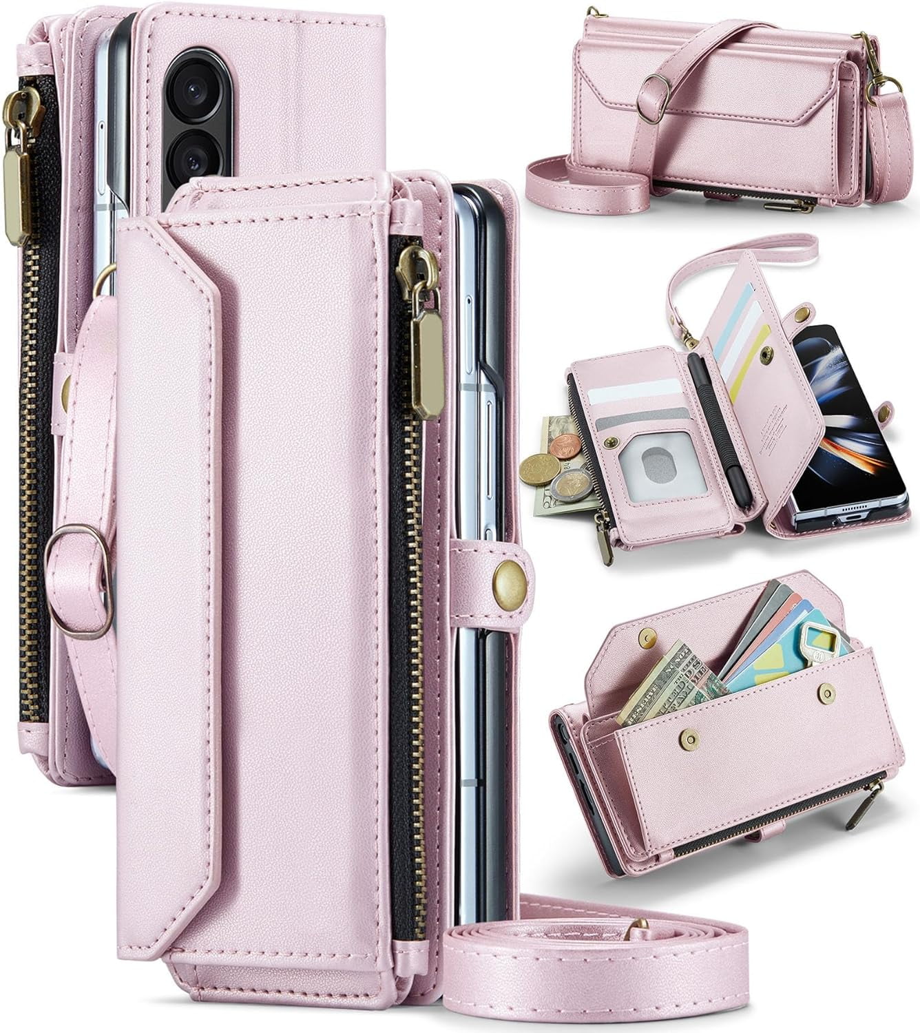 Phone Case for Samsung Galaxy Z Fold 4 5G 2022 Zipper Wallet Cover with S Pen and Flip RFID Blocking Credit Card Holder Stand Cell Accessories ZFold4 Z4 Fold4 4Z ZFold45G Women Girls Rose Gold