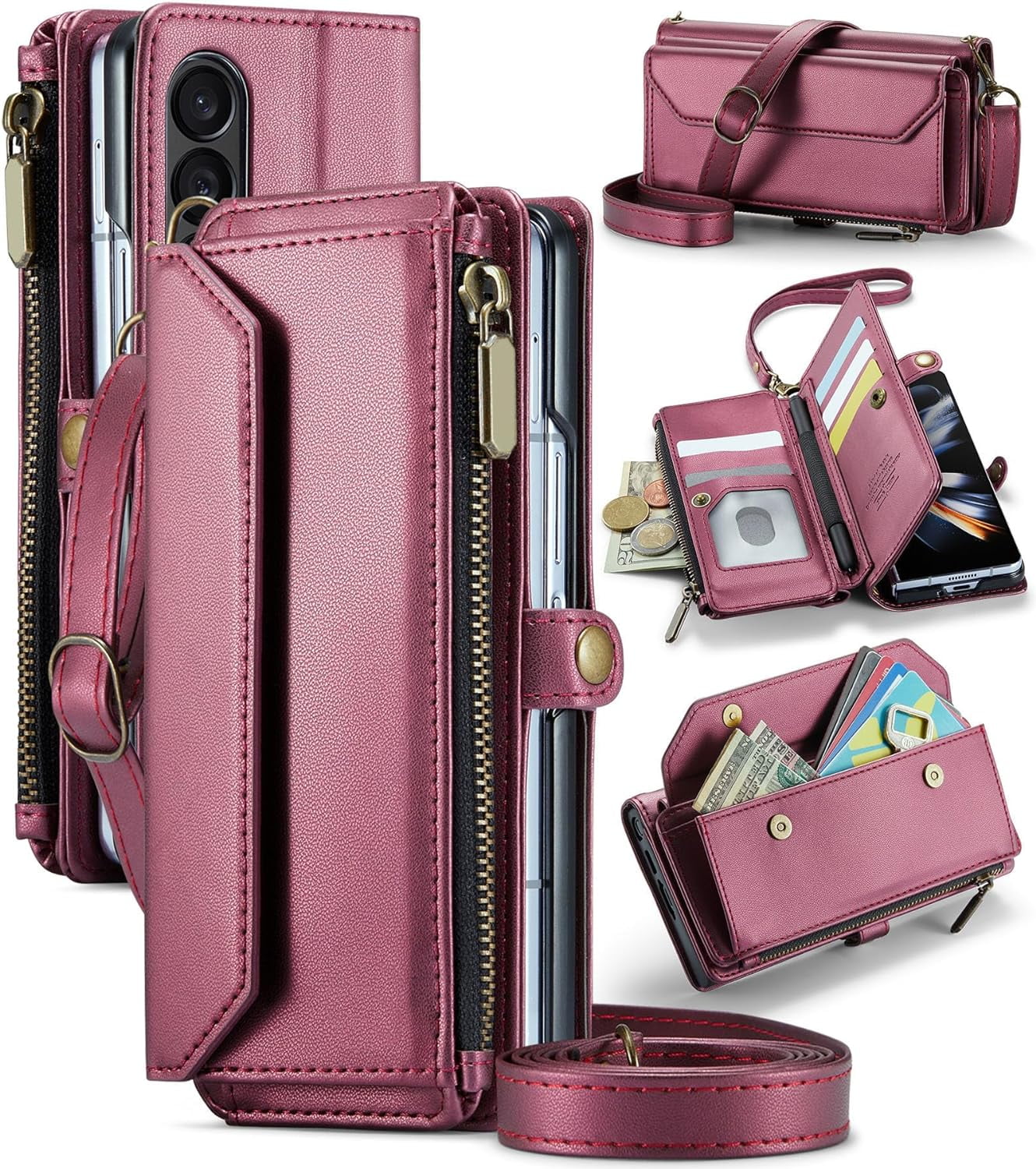 Phone Case for Samsung Galaxy Z Fold 4 5G 2022 Zipper Wallet Cover with S Pen and Leather Flip RFID Blocking Card Holder Stand Cell Accessories ZFold4 Z4 Fold4 4Z ZFold45G Women Girls Wine Red