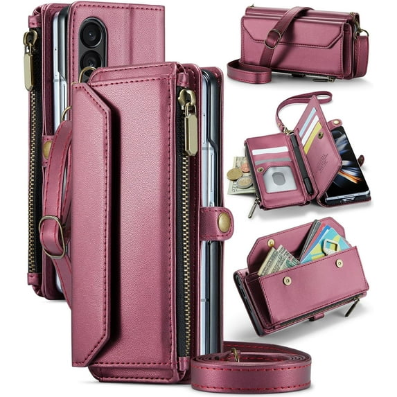 Phone Case for Samsung Galaxy Z Fold 4 5G 2022 Zipper Wallet Cover with S Pen and Leather Flip RFID Blocking Card Holder Stand Cell Accessories ZFold4 Z4 Fold4 4Z ZFold45G Women Girls Wine Red