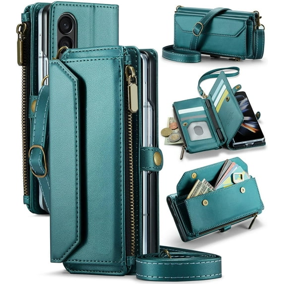 Phone Case for Samsung Galaxy Z Fold 4 5G 2022 Zipper Wallet Cover with S Pen and Leather Flip RFID Blocking Credit Card Holder Cell Accessories ZFold4 Z4 Fold4 4Z ZFold45G Women Girls Green
