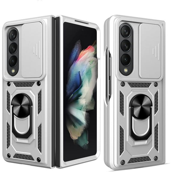Phone Case for Samsung Galaxy Z Fold 4 with Slide Camera Window, Heavy Duty Protection Phone Cover Case with Ring Kickstand for Samsung Galaxy Z Fold 4 SJ Silver