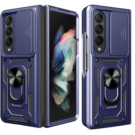Phone Case for Samsung Galaxy Z Fold 4 with Slide Camera Window, Heavy Duty Protection Phone Cover Case with Ring Kickstand for Samsung Galaxy Z Fold 4 SJ Blue
