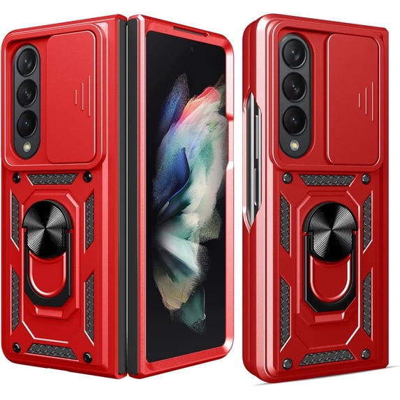 Phone Case for Samsung Galaxy Z Fold 4 with Slide Camera Window, Heavy Duty Protection Phone Cover Case with Ring Kickstand for Samsung Galaxy Z Fold 4 SJ Red