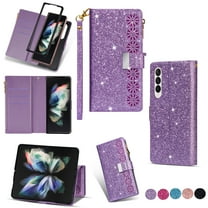 Phone Case for Samsung Galaxy Z Fold 4 Wallet Cover, Magnetic Closure Folio [ 9 Credit Card Holder] Bling Glitter PU Leather Zipper Pocket with Wrist Strap Cell Accessories Women,Purple