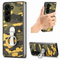 Phone Case for Samsung Galaxy Z Fold 5 5G 2023, Cover with 360 Rotating Ring Holder Stand Slim Shockproof Rugged PU Leather Protective Camouflage Case for Samsung Galaxy Z Fold 5 - Yellow
