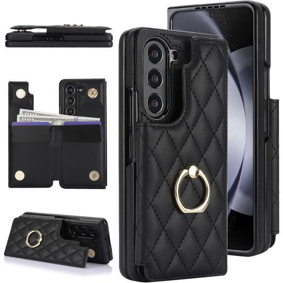 Phone Case for Samsung Galaxy Z Fold 5 5G 2023 Wallet Cell Cover with Slim Ring Stand Credit Card Holder Slot ZFold5 Z5 G Fold5 5Z Girl Women Men Black