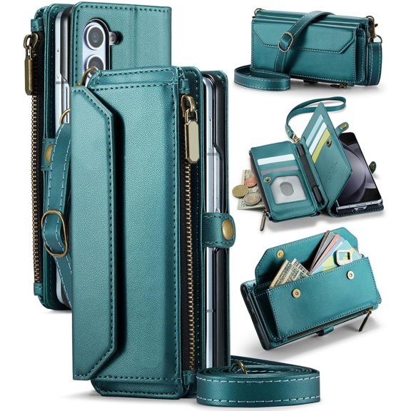 Phone Case for Samsung Galaxy Z Fold 5 5G 2023 Zipper Wallet Cover with S Pen and Leather Flip RFID Blocking Credit Card Holder Stand Cell Accessories ZFold5 Z5 G Fold5 5Z Women Girls Green