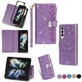thumbnail image 1 of Phone Case for Samsung Galaxy Z Fold 5 Wallet Cover, Magnetic Closure Folio [ 9 Credit Card Holder] Bling Glitter PU Leather Zipper Pocket with Wrist Strap Cell Accessories Women,Purple, 1 of 12