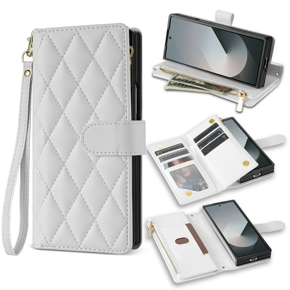 Phone Case for Samsung Galaxy Z Fold 5 Wallet Cover with Shoulder Strap & Wrist Strap, Card Holder Slots Stand PU Leather Zipper Pocket Flip Case Magnetic Buckle Women Girls for Z Fold 5, White