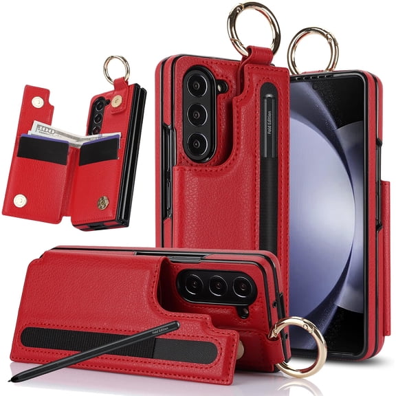 Phone Case for Samsung Galaxy Z Fold 6 5G 2024 Wallet Cover with S Pen SPen Slot Credit Card Holder Stand Slim Rugged Mobile Purse Ring Cell Accessories ZFold6 Z6 G Fold6 6Z Women Men Red