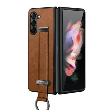 Phone Case for Samsung Galaxy Z Fold 6, PU Leather Cover and Wrist Strap Kickstand Wristband Holder Stand Ring Silicone Protective Cell Accessories for Z Fold 6 for Women Men - Brown