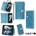 thumbnail image 1 of Phone Case for Samsung Galaxy Z Fold 6 Wallet Cover, Magnetic Closure Folio [ 9 Credit Card Holder] Bling Glitter PU Leather Zipper Pocket with Wrist Strap Cell Accessories Women,Blue, 1 of 12