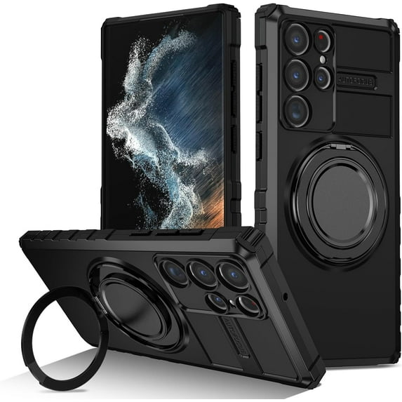 Phone Case for Samsung S22 Ultra Case with Ring Magnetic Fits Wireless Charger, 2 in 1 Soft TPU and Hard PC Cover Samsung Galaxy S22 Ultra Case Shockproof Rugged Black (Black)
