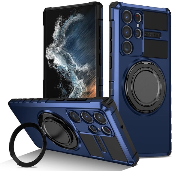 Phone Case for Samsung S22 Ultra Case with Ring Magnetic Fits Wireless Charger, 2 in 1 Soft TPU and Hard PC Cover Samsung Galaxy S22 Ultra Case Shockproof Rugged Black (Blue)