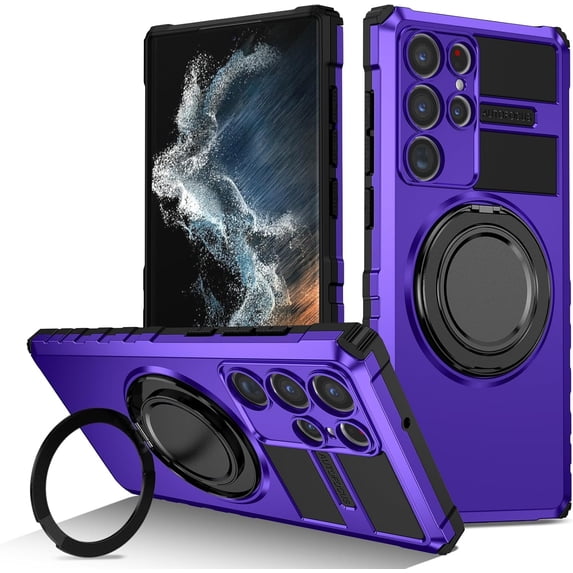 Phone Case for Samsung S22 Ultra Case with Ring Magnetic Fits Wireless Charger, 2 in 1 Soft TPU and Hard PC Cover Samsung Galaxy S22 Ultra Case Shockproof Rugged Black (Purple)