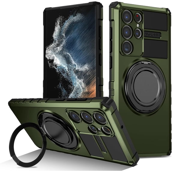 Phone Case for Samsung S22 Ultra Case with Ring Magnetic Fits Wireless Charger, 2 in 1 Soft TPU and Hard PC Cover Samsung Galaxy S22 Ultra Case Shockproof Rugged Black (Green)