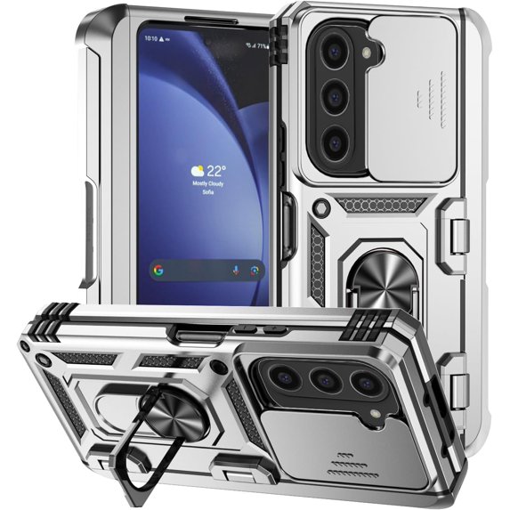 Phone Case for Samsung Z Fold 6 Case with Ring Holder Camera Lens Protector Slide Cover Black Shockproof Samsung Galaxy Z Fold 6 Case Rugged Heavy Duty with Pen Slot (Silver)