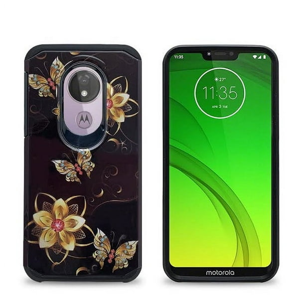 Phone Case for Straight Talk Moto g7 Optimo Maxx Prepaid Smartphone / Moto G7 Power /Moto G Power 7th Gen/ Moto G7 Supra, Dual Layer Shockproof Slim Hard Cover Protective Case (Black-Gold Butterfly)