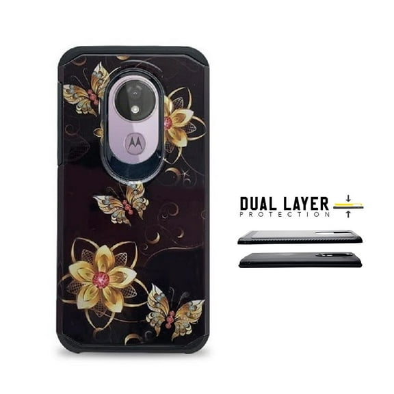 Compatible Case for Motorola Moto G7 Power/ Moto G7 Supra /Straight Talk Moto g7 Optimo Maxx, Dual Layer Shockproof Hard Cover Case (Black Gold Butterfly)