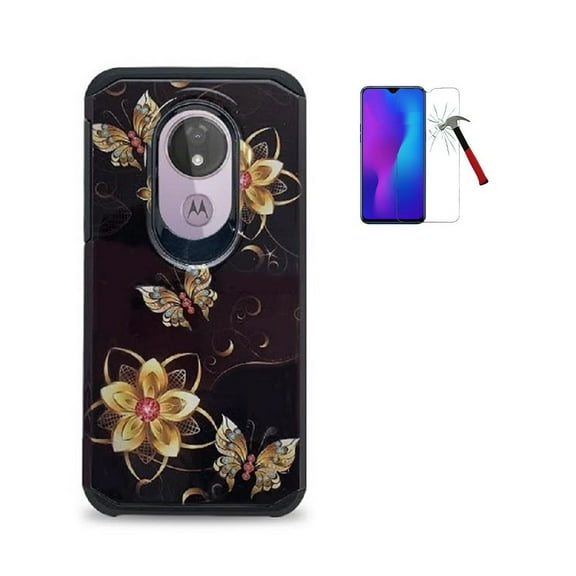 Compatible Case for Motorola Moto G7 Power/ Moto G7 Supra /Straight Talk Moto g7 Optimo Maxx, Dual Layer Shockproof Hard Cover Case with Tempered Glass (Black-Gold Butterfly)
