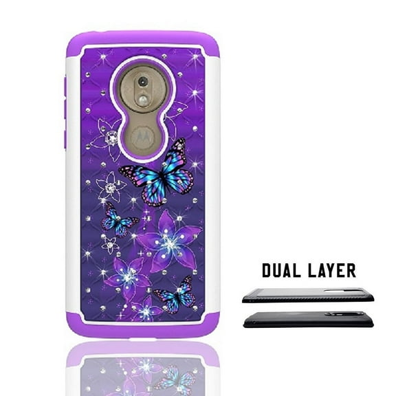 Phone Case for Straight Talk Moto g7 Optimo / Motorola Moto G7 Play, Studded Rhinestone Crystal Bling Dual Layer Shockproof Cover Case (Purple- blue butterfly)