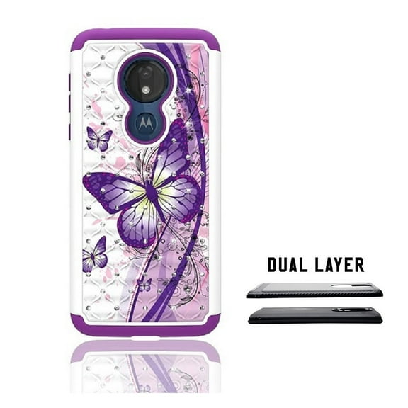 Phone Case for Straight Talk Moto g7 Optimo Prepaid Smartphone/ Moto G7 Play, Studded Rhinestone Crystal Bling Dual Layer Shockproof Cover Case (White Purple Butterfly)