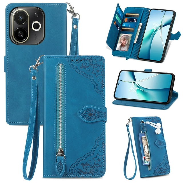 Phone Case for Tecno Spark 30C 5G, Shockproof PU Leather Wallet Case with Card Slots Anti-Scratch Stand Magnetic Flip Zipper Pocket Cover for Tecno Spark 30C 5G, Blue