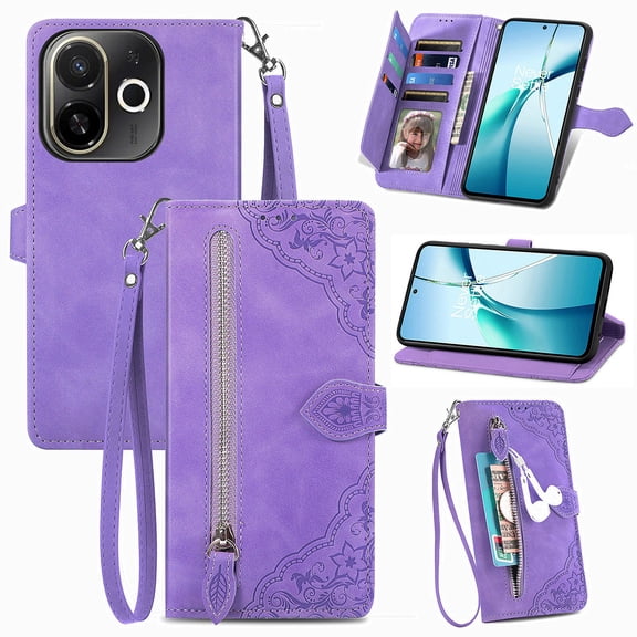 Phone Case for Tecno Spark 30C 5G, Shockproof PU Leather Wallet Case with Card Slots Anti-Scratch Stand Magnetic Flip Zipper Pocket Cover for Tecno Spark 30C 5G, Purple