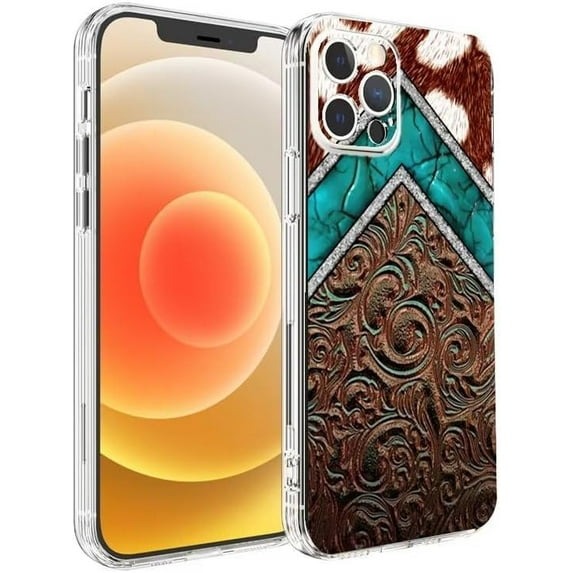 Phone Case Turquoise Tooled Leather Western Cowgirl Cowhide Prints Shockproof Side Striped Soft Phone Cover Cowhide Colour Compatible with iPhone 6/6s 4.7 Inch