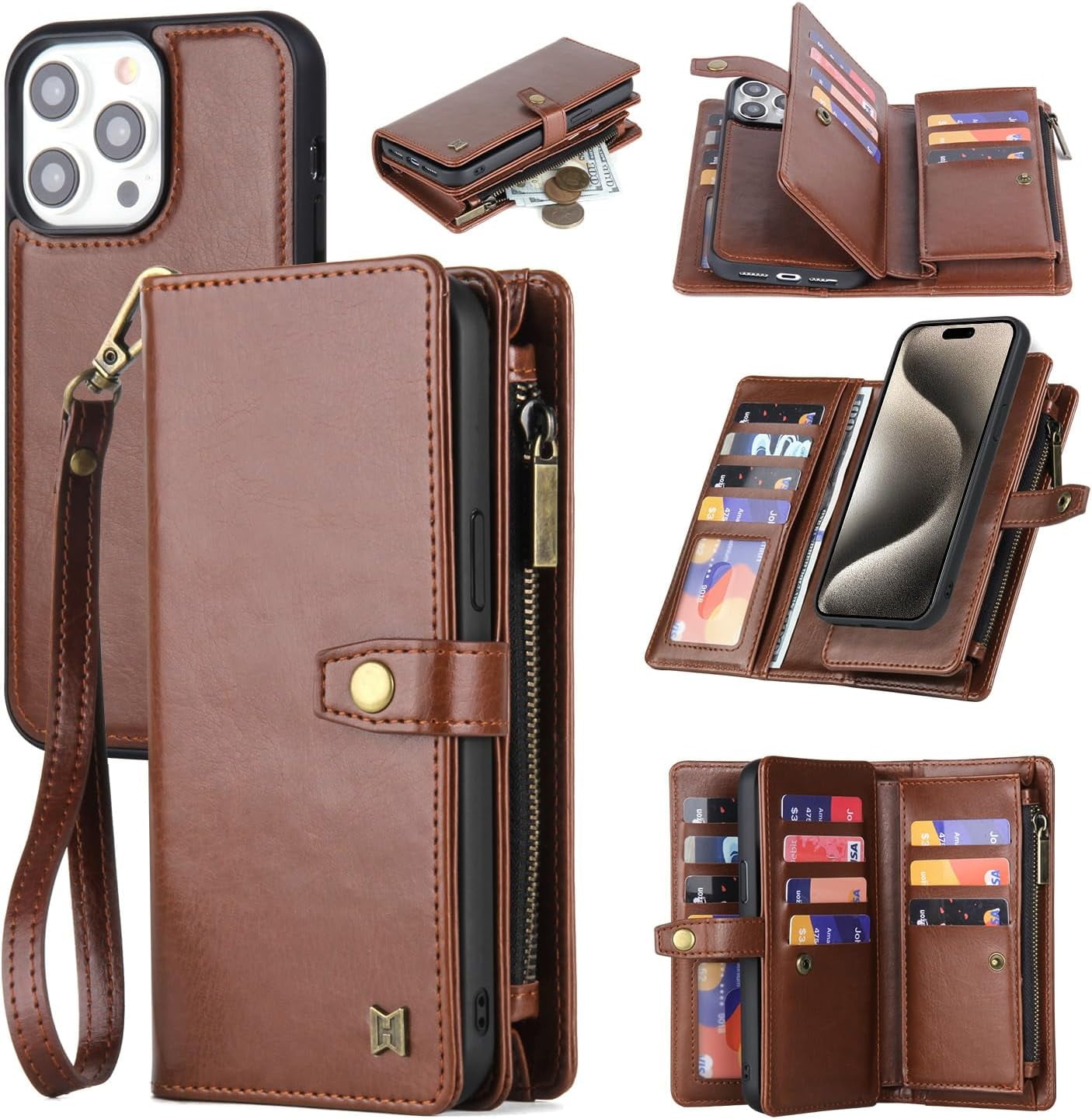 Phone Case Wallet Case Compatible for iPhone 15,iPhone 15 Multifunctional 2 in 1 Magnetic Case Wallet,Durable PU Leather Flip Lanyard Strap Wristlet Zipper Card Holder  for iPhone 15