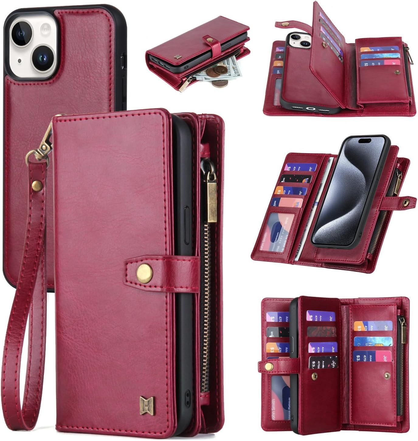 Phone Case Wallet Case Compatible for iPhone 15,iPhone 15 Multifunctional 2 in 1 Magnetic Case Wallet,Durable PU Leather Flip Lanyard Strap Wristlet Zipper Card Holder  for iPhone 15