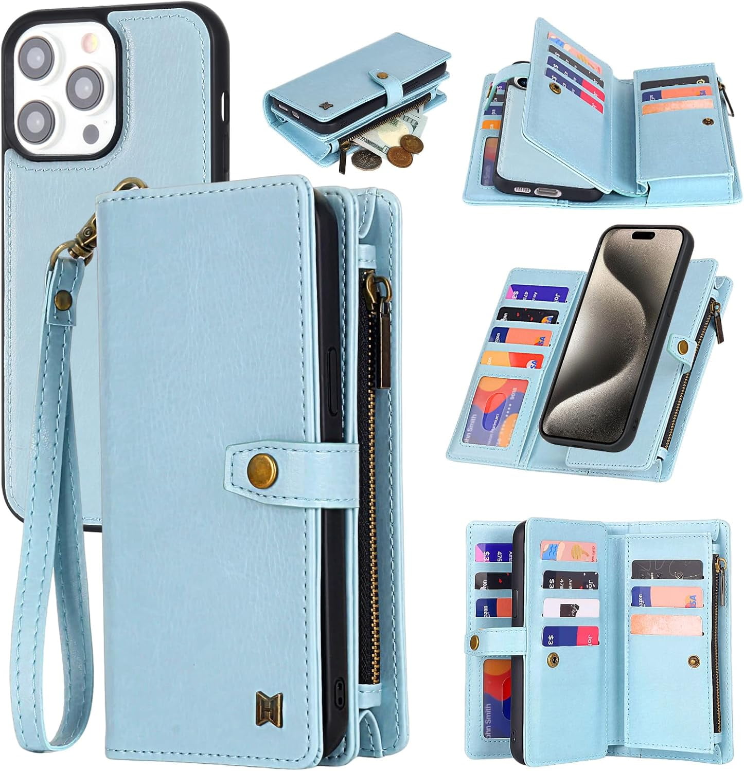 Phone Case Wallet Case Compatible for iPhone 15,iPhone 15 Multifunctional 2 in 1 Magnetic Case Wallet,Durable PU Leather Flip Lanyard Strap Wristlet Zipper Card Holder  for iPhone 15