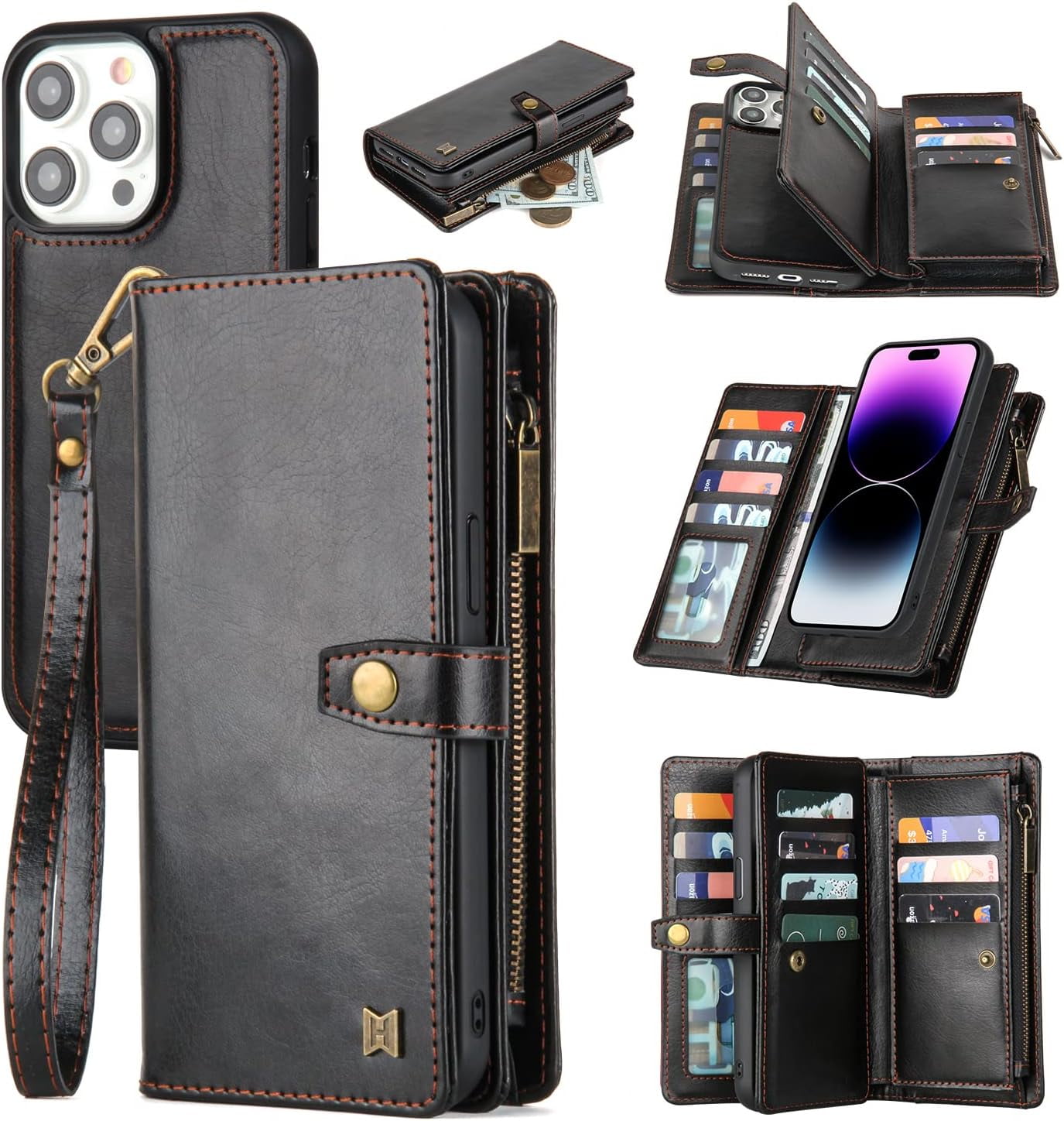 Phone Case Wallet Case Compatible for iPhone 15,iPhone 15 Multifunctional 2 in 1 Magnetic Case Wallet,Durable PU Leather Flip Lanyard Strap Wristlet Zipper Card Holder  for iPhone 15