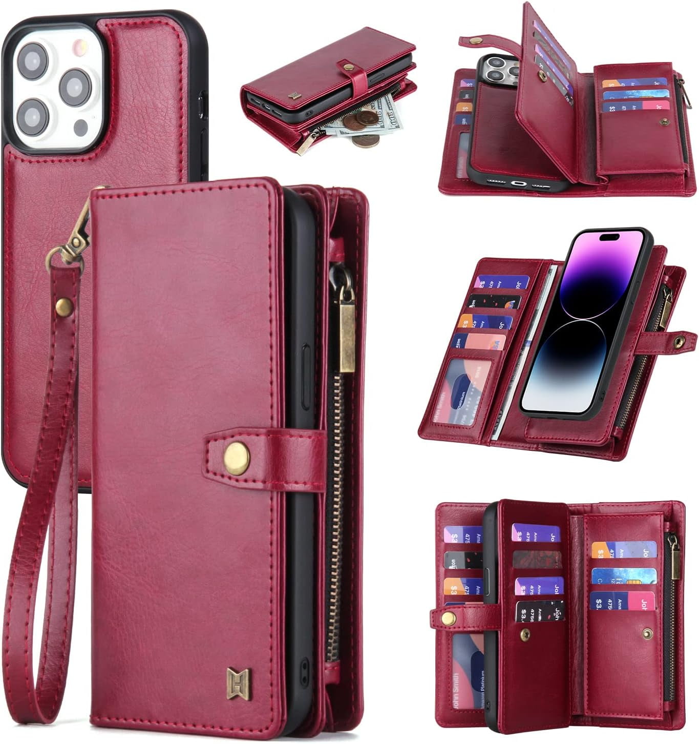 Phone Case Wallet Case Compatible for iPhone 15,iPhone 15 Multifunctional 2 in 1 Magnetic Case Wallet,Durable PU Leather Flip Lanyard Strap Wristlet Zipper Card Holder  for iPhone 15
